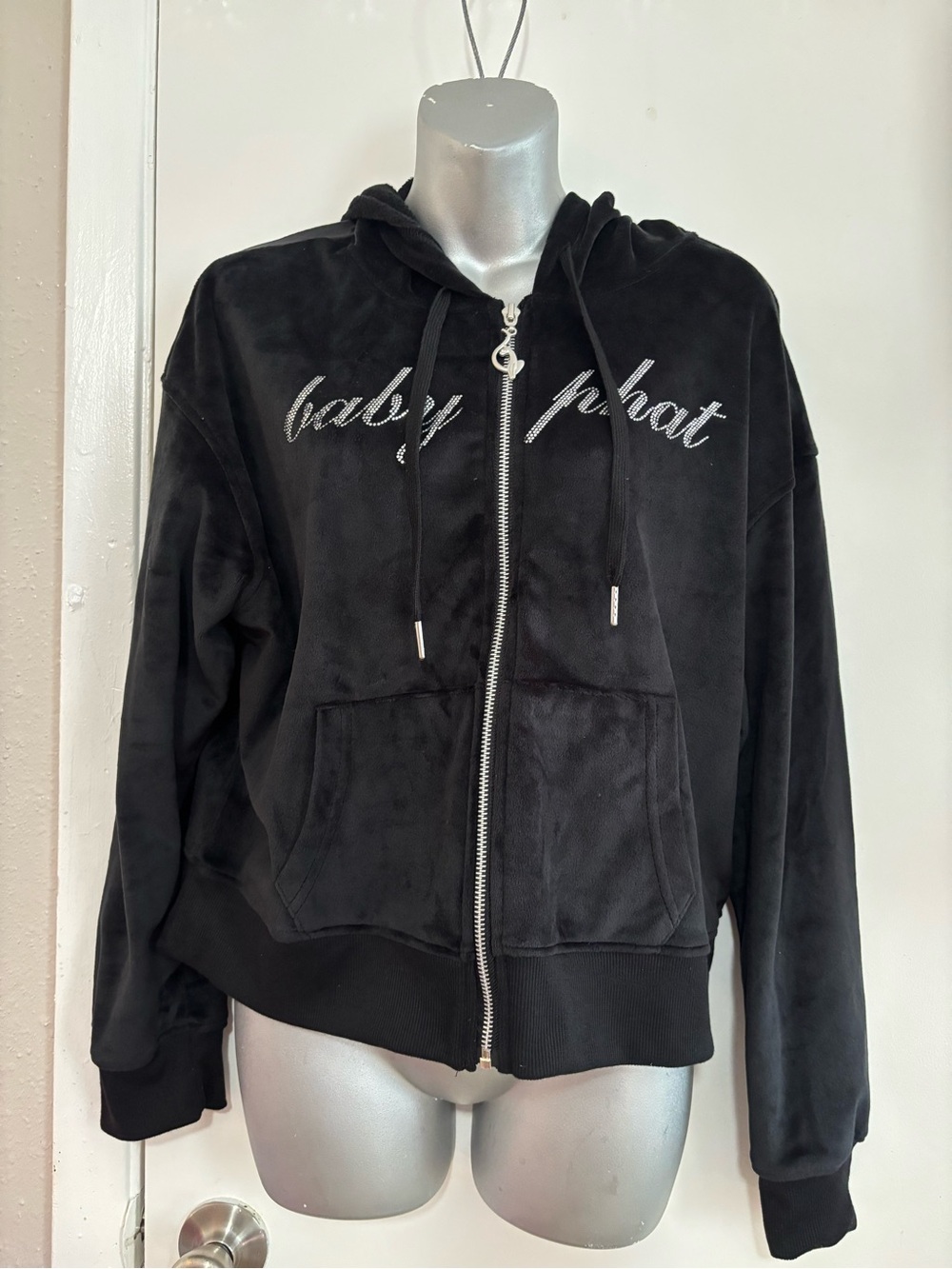 Baby Phat Black Velour Rhinestone Script Zip Hoodie